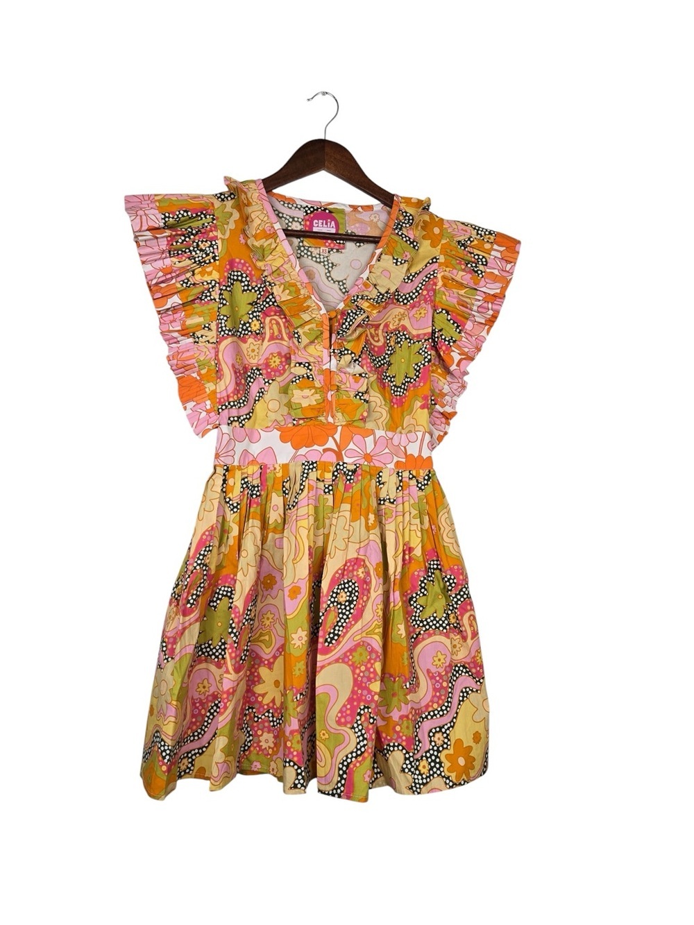 Celia B Printed Mini Dress XS Ruffle Sleeve Colorful Boho Resort - Picture 6 of 9